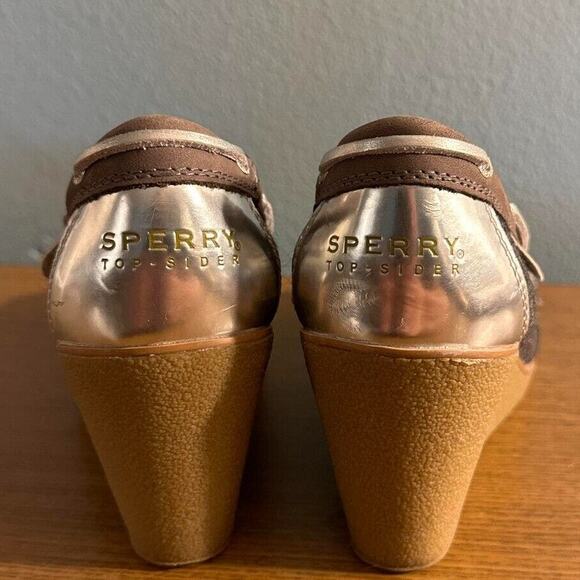 Sperry Top Womens 8.5M Brown Suede Sliders Cream Sequins Silver Wedges Heel - Picture 6 of 7